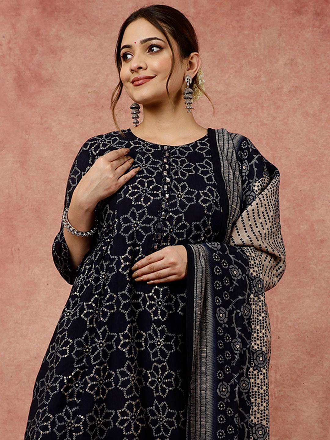 Jaipur Kurti Bandhani Printed Anarkali Kurta with Trousers & Dupatta