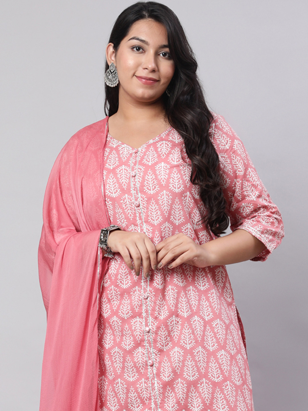 Jaipur Kurti Plus Size Ethnic Printed Kurti With Sharara And Chiffon Dupatta