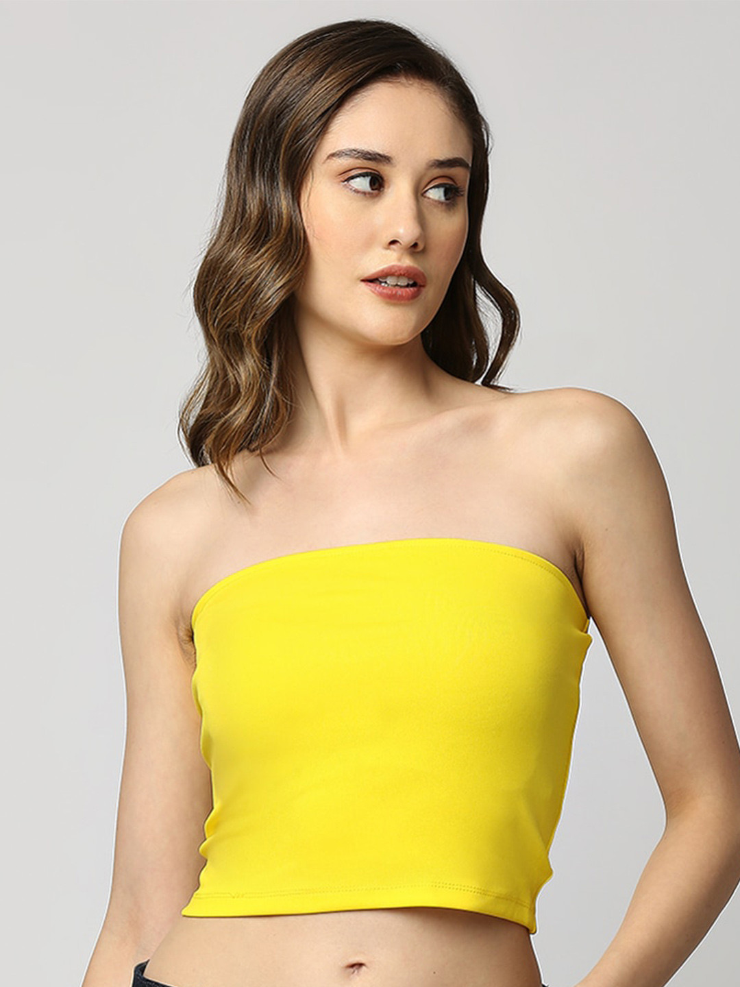 yellow strapless crop top