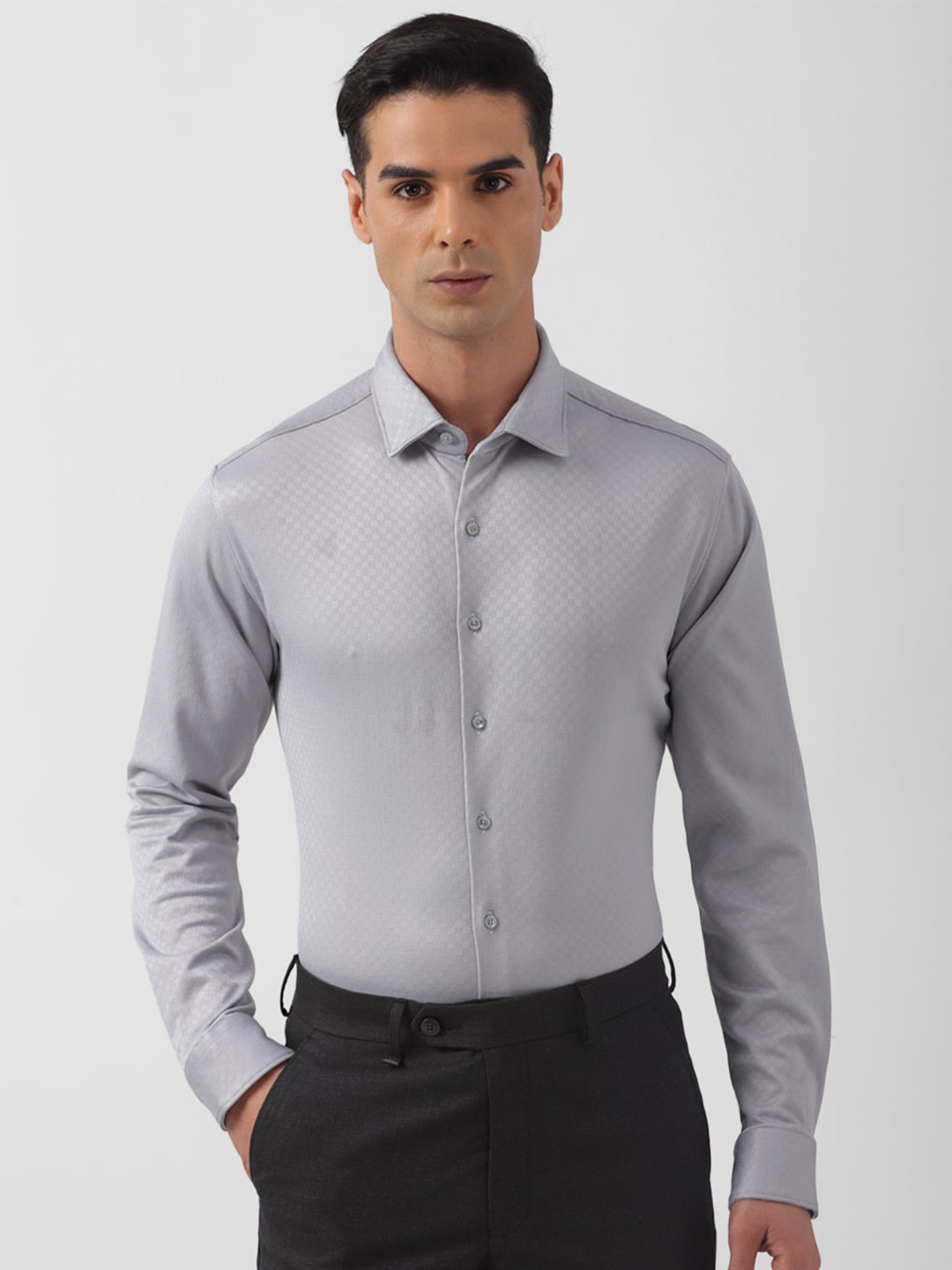 Van Heusen Move Labs Slim Fit Stretchable Self Design Textured Spread Collar Stain Resistant Anti Bacterial Formal Shirt