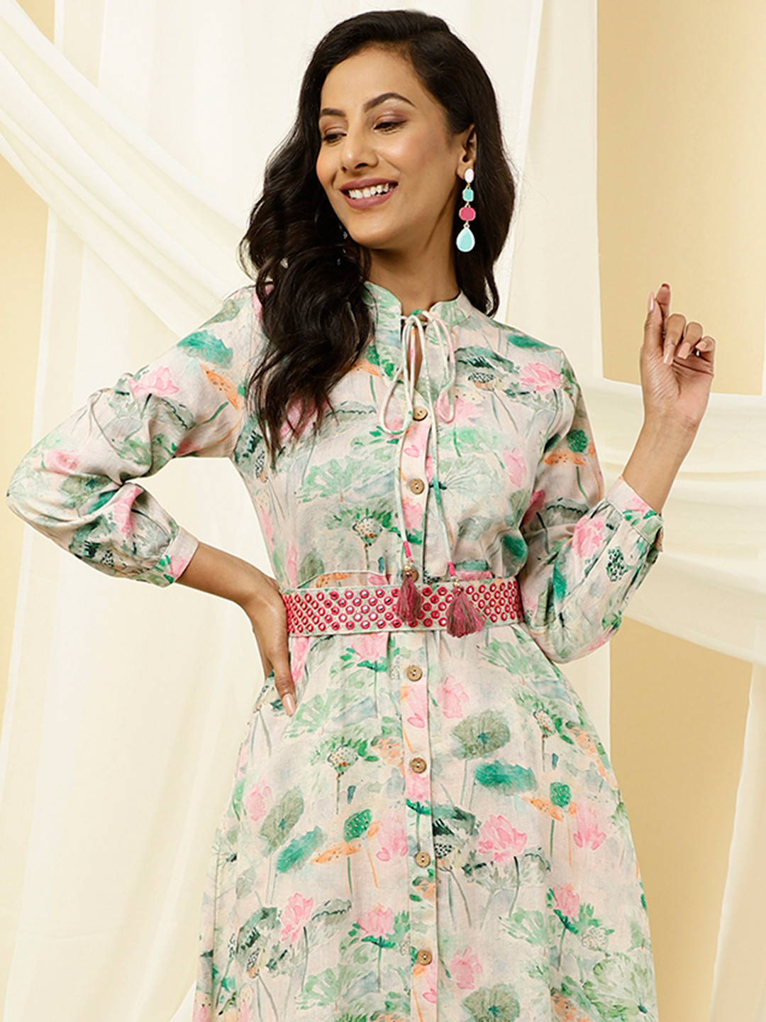 Jaipur Kurti Floral Printed Belted Cotton A-Line Dress With Belt