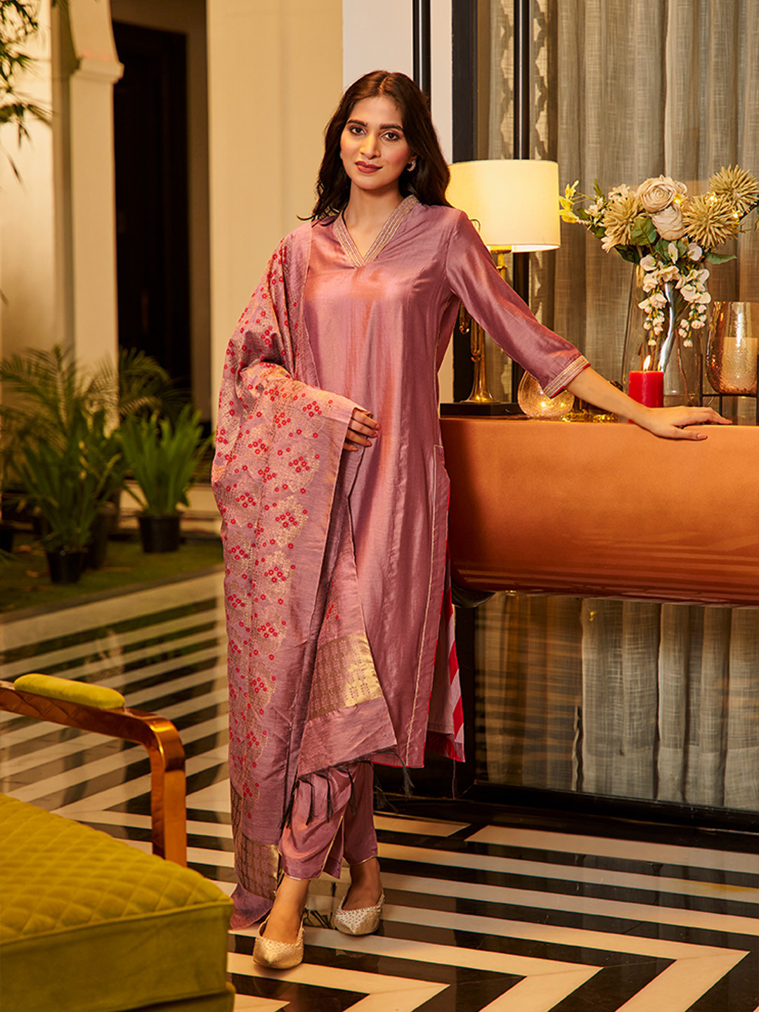 W Pink Regular Kurta With Trousers & Dupatta