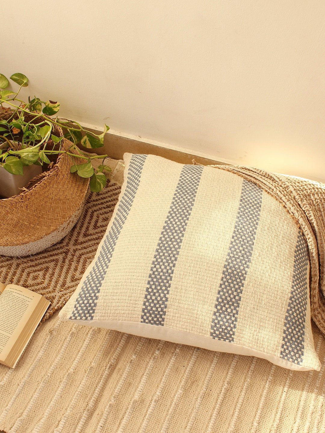 House This Shivalik Navy Blue & Cream-Coloured Striped Cotton Square Cushion Cover