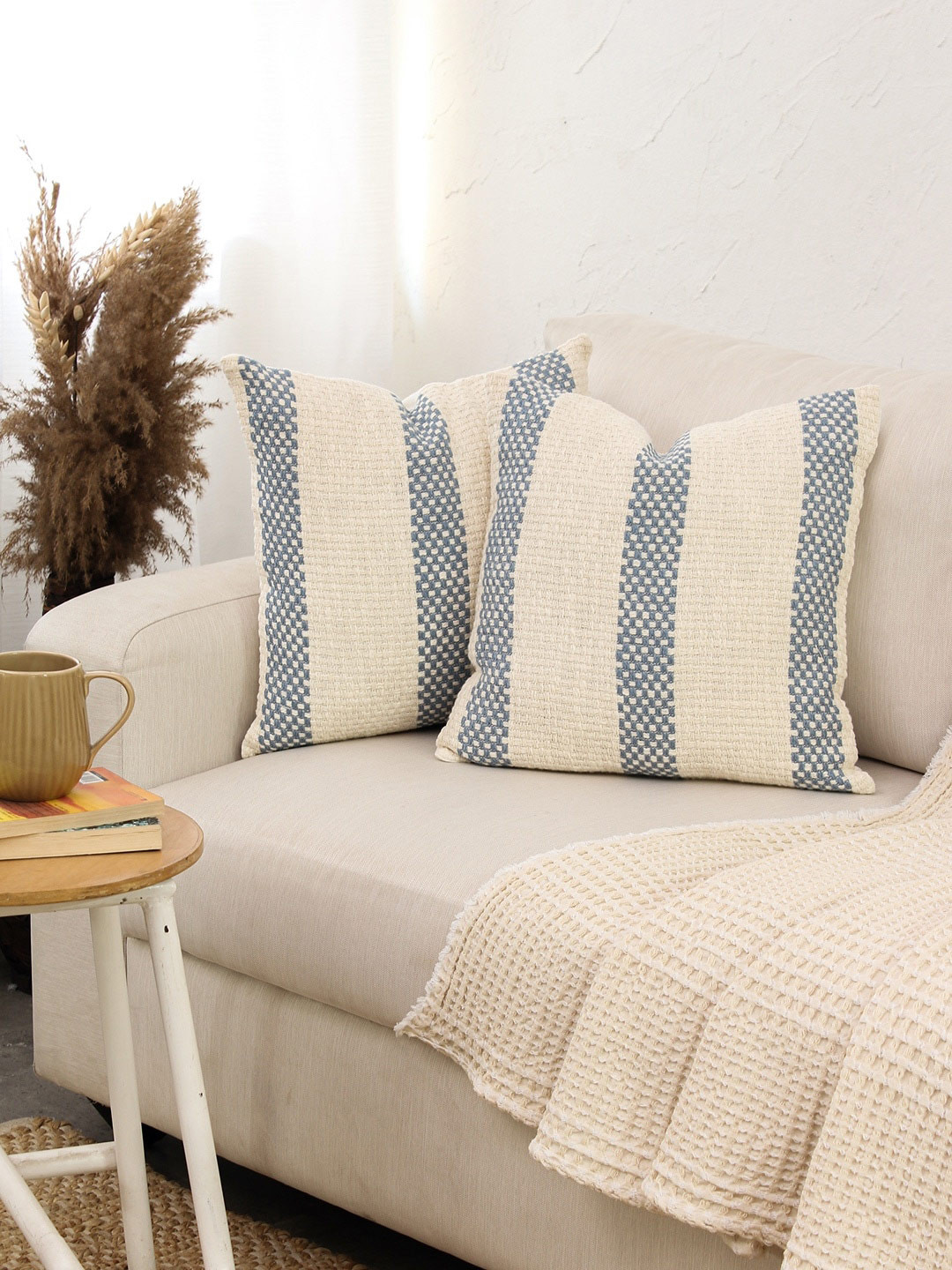 House This Shivalik Navy Blue & White 2 Pieces Striped Square Cotton Cushion Cover