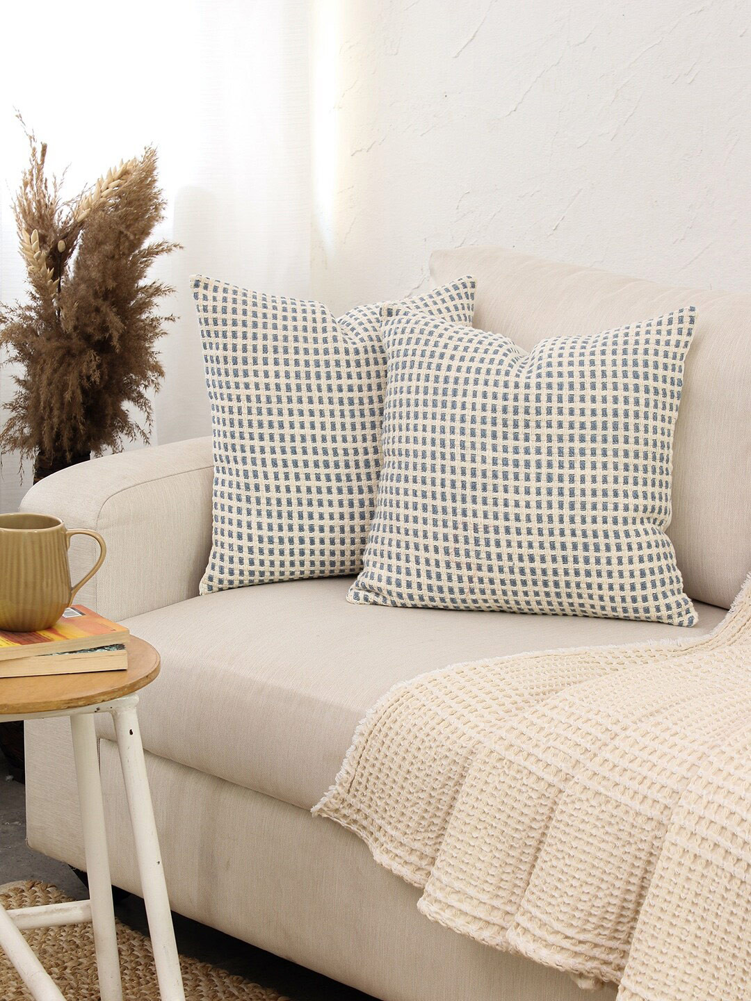 House This Girnar Navy Blue & White 2 Pieces Self Design Cotton Square Cushion Covers