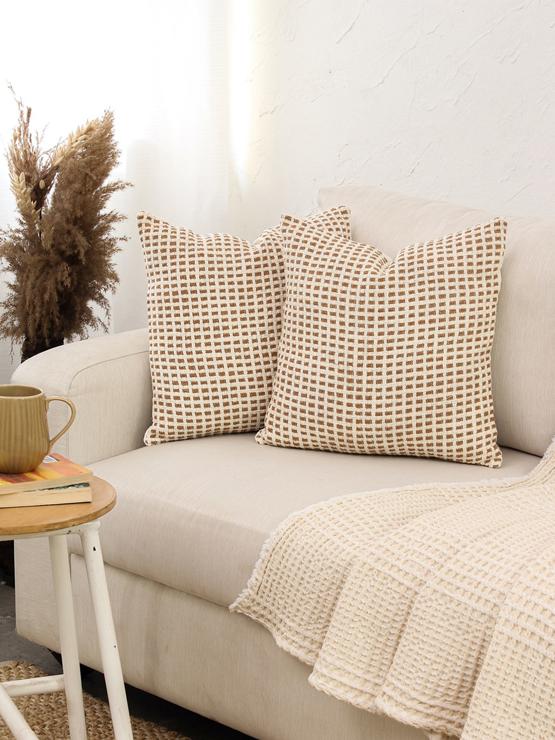 House This Girnar Brown & White 2 Pieces Self Design Cotton Square Cushion Covers