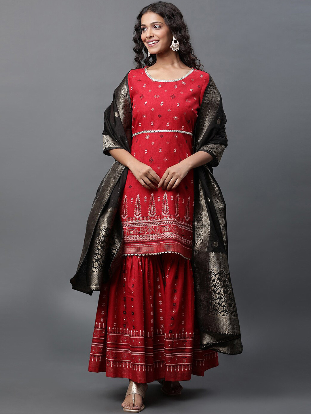 AURELIA Ethnic Motifs Woven Design Mirror Work A-Line Kurta with Sharara & Dupatta