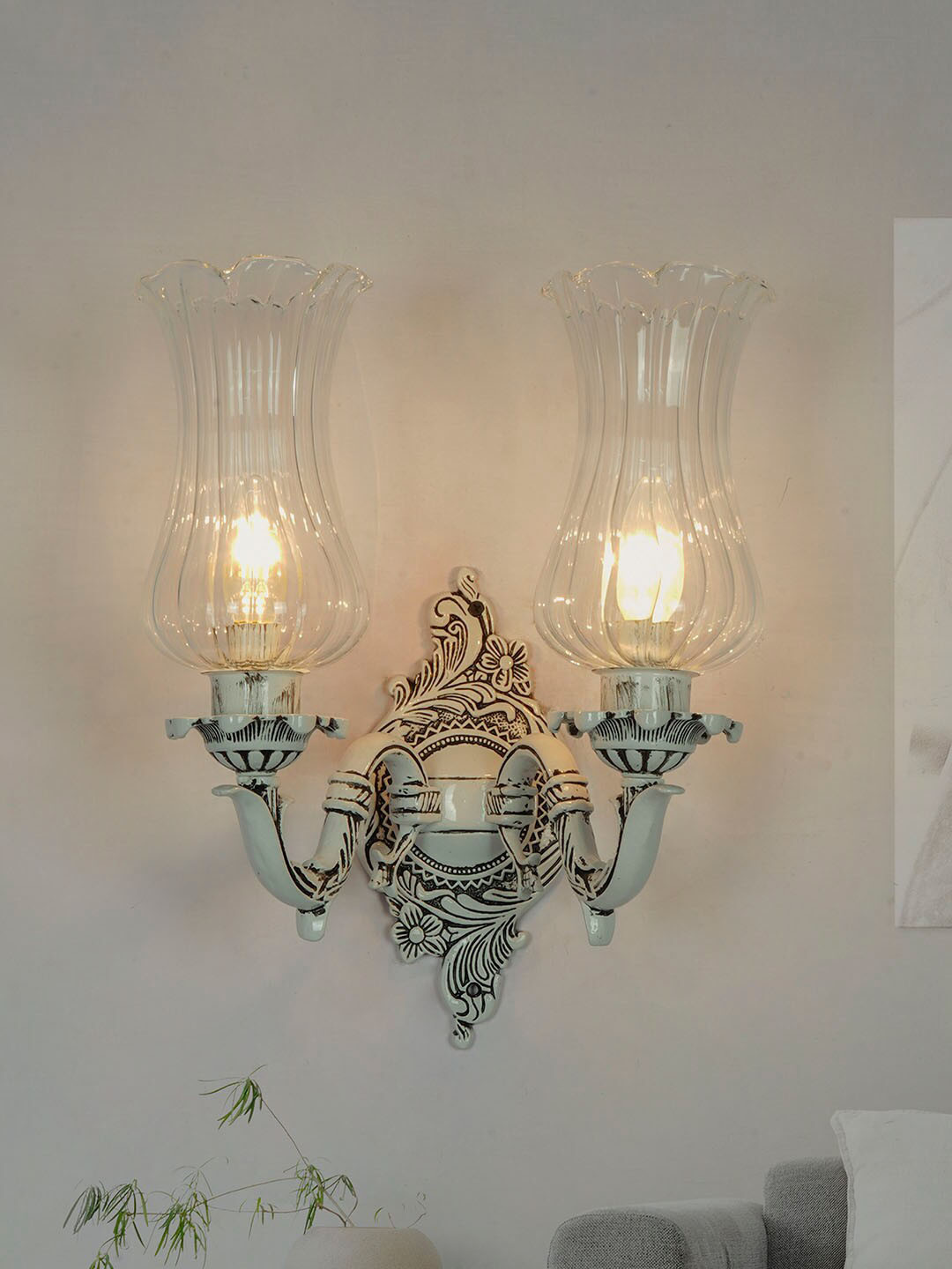 Fos Lighting White Traditional Swan Double Wall Lamp With Fluted Glass Shades