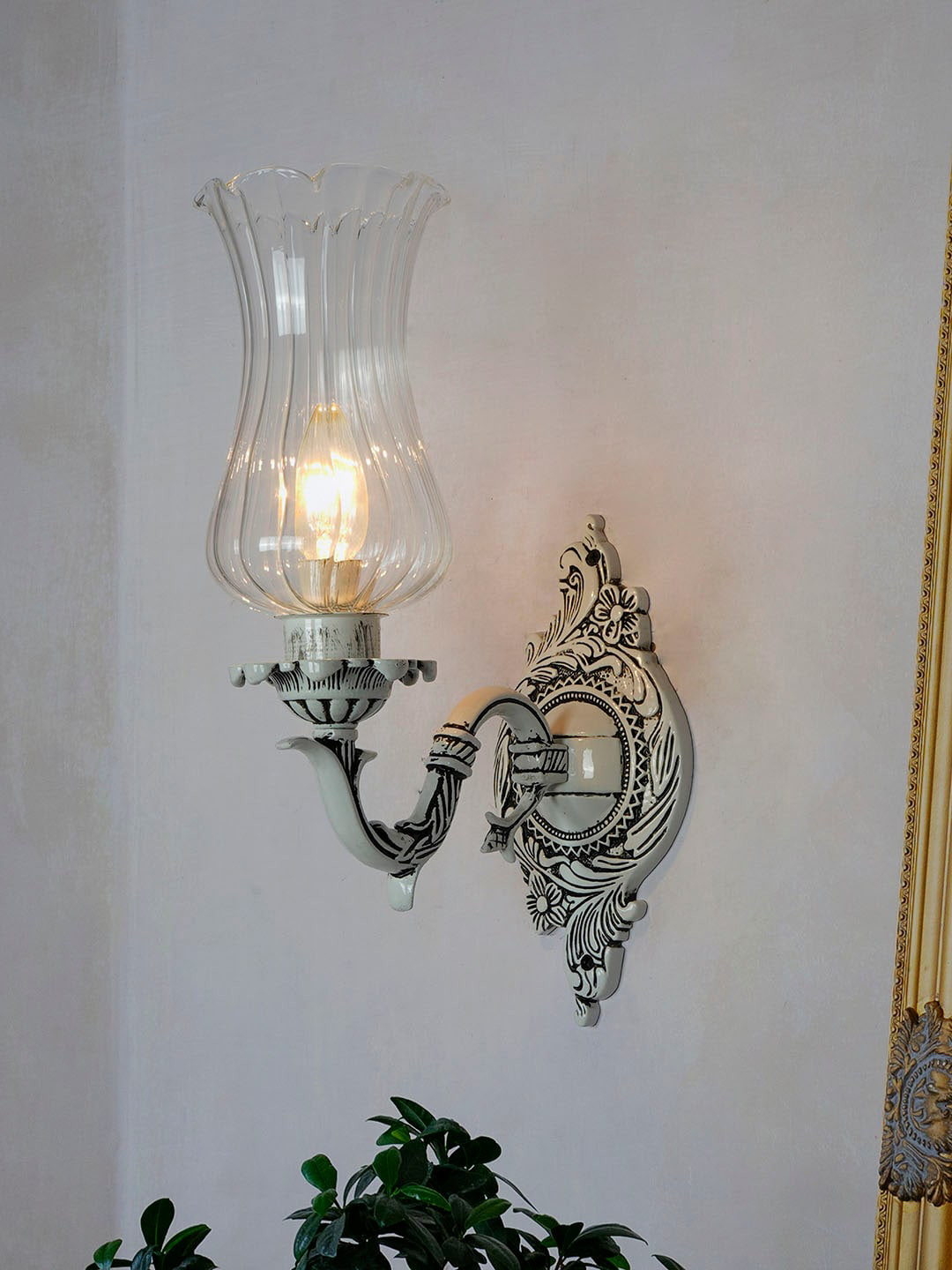 Fos Lighting White Aluminum Traditional Swan Antique Wall Lamp with Fluted Glass Shade