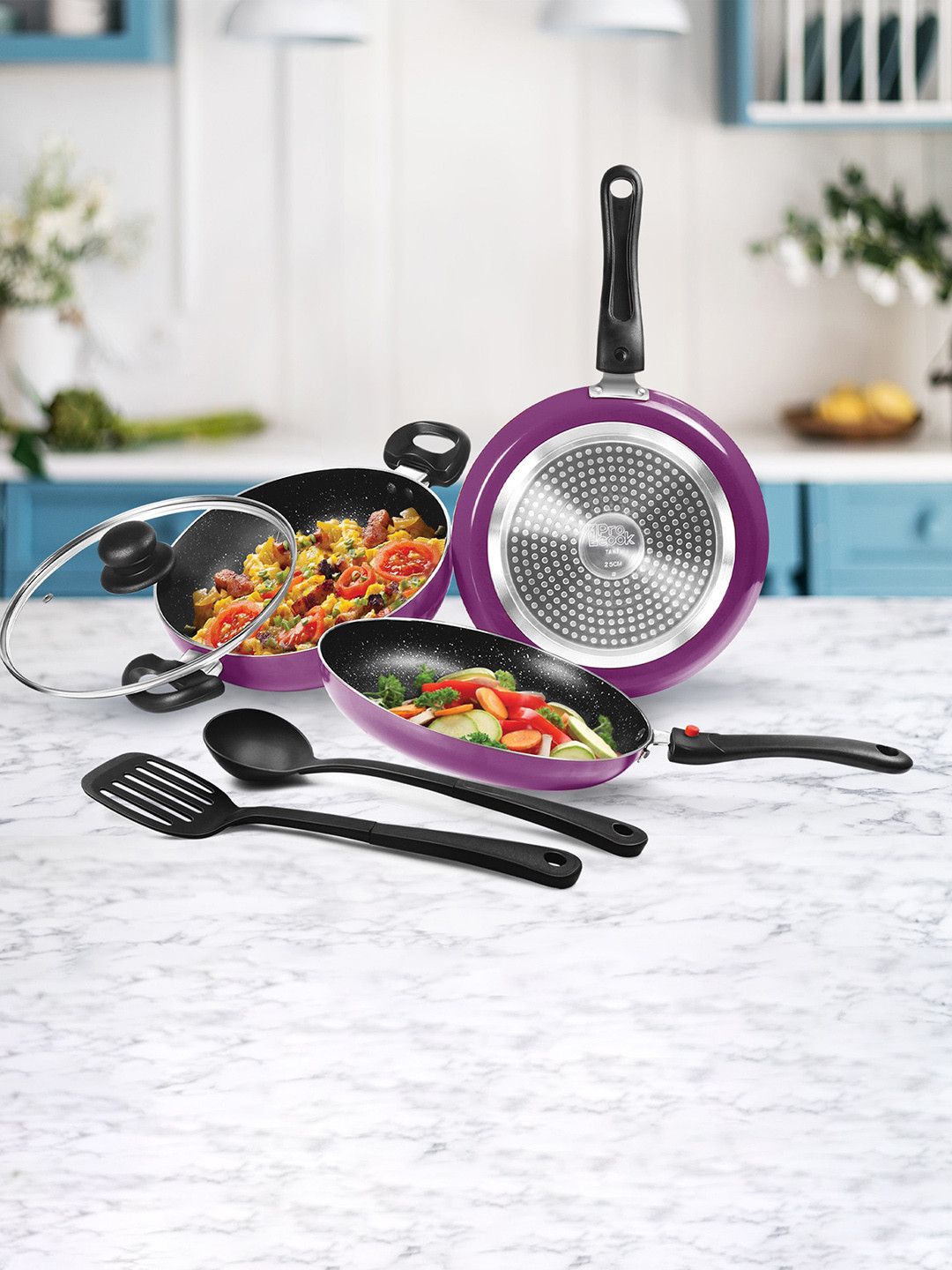 Milton Purple Pro Cook Kitchen Jewel Set of 5 Pieces Fry pan 24 Cm Kadhai 24 Cm Tawa 25 Cm