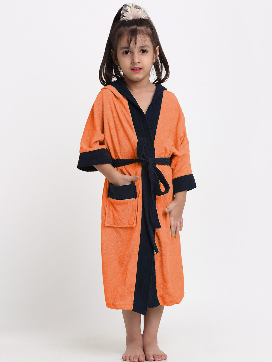 Creeva Melodious Orange Solid Terrycloth Drawstring Midi Bath Robe-12-13Y
