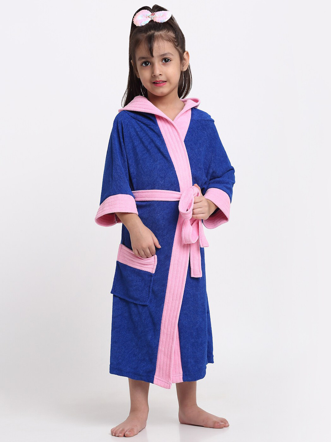 Creeva Melodious Blue Solid Terrycloth Drawstring Midi Bath Robe-8-9Y
