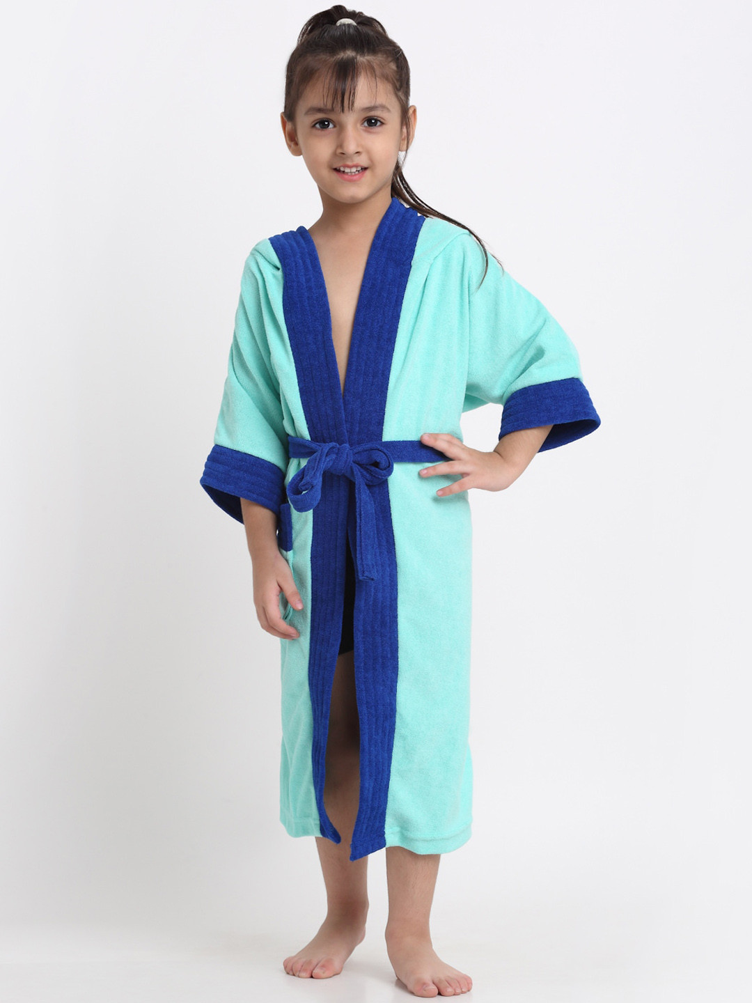 Creeva Melodious Sea Green Solid Terrycloth Drawstring Midi Bath Robe-4-5Y