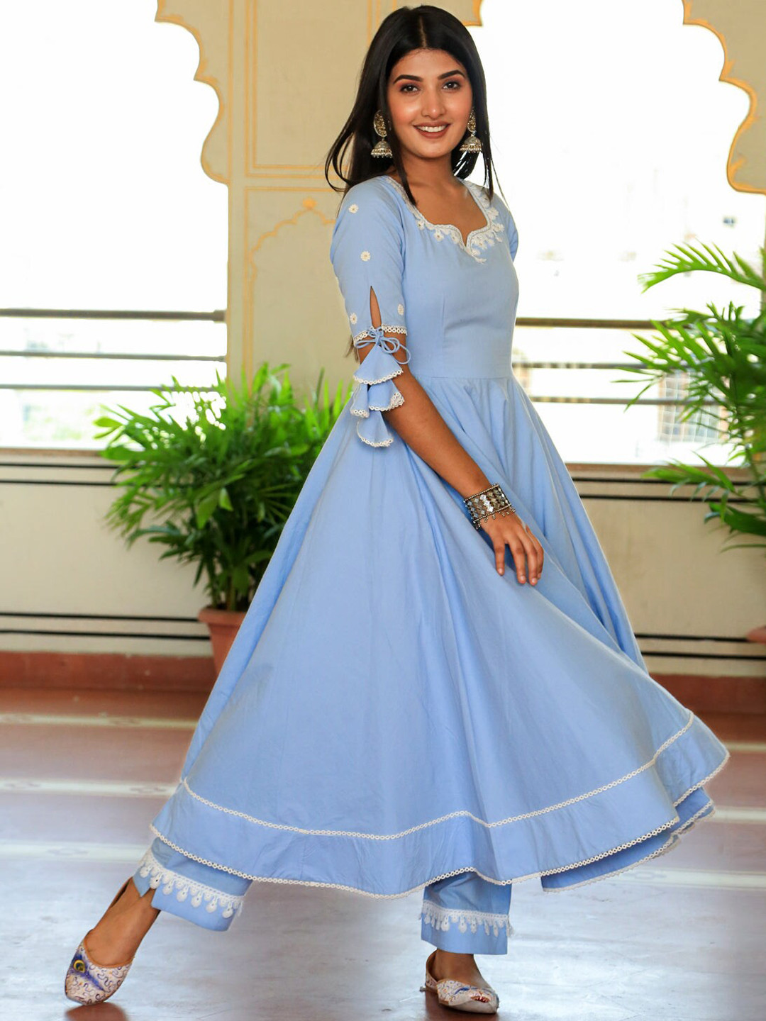 Indian Virasat  Floral Embroidered Pure Cotton Kurta with Trousers