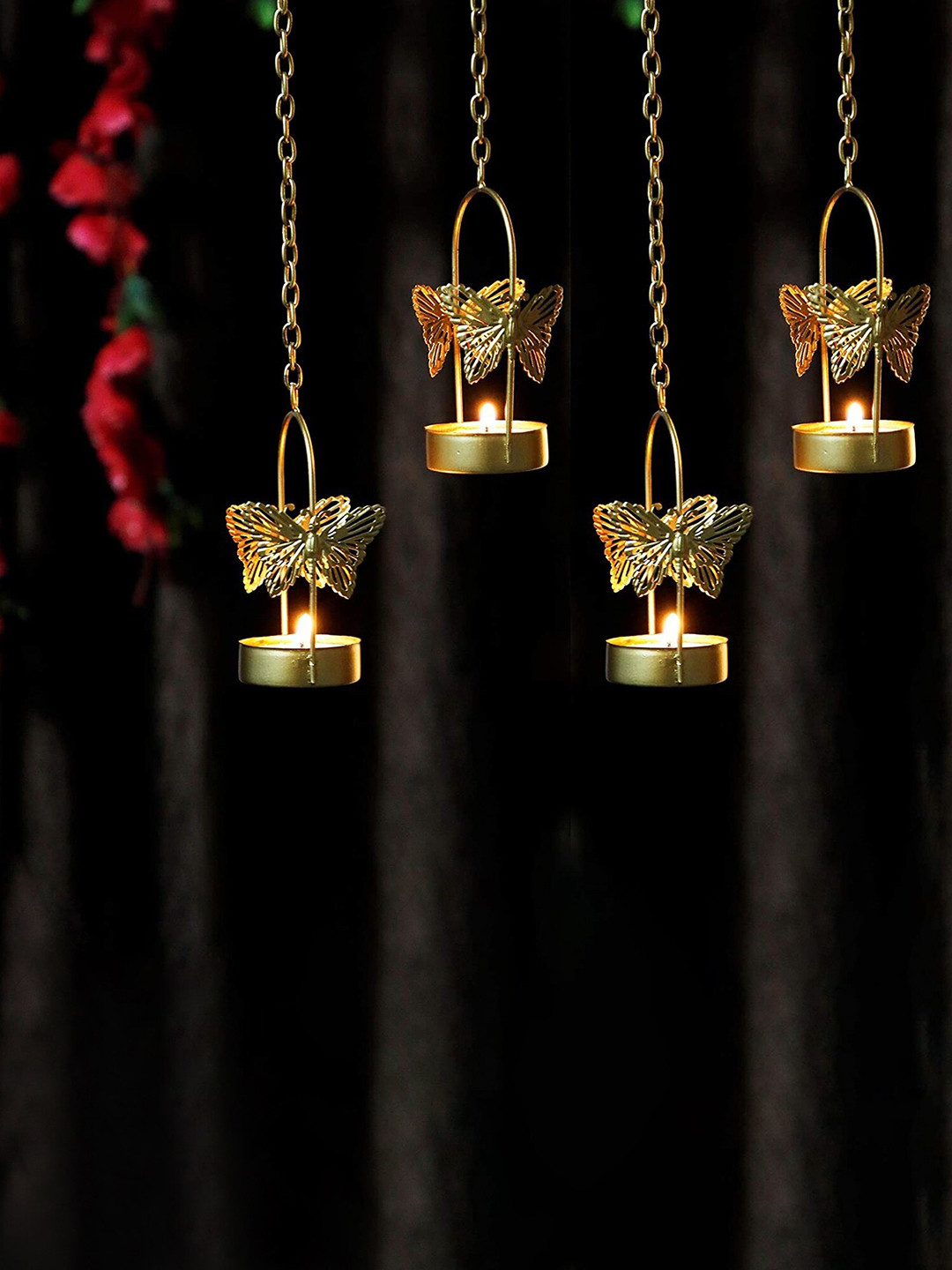The Purple Tree 4 Pcs Golden Hanging Butterfly Tealight Candle Holder