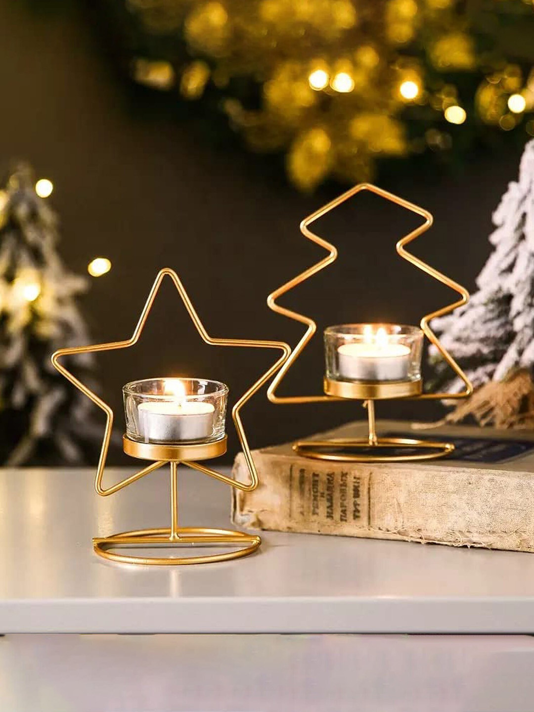 The Purple Tree Gold Toned 2 Pieces Textured Metal Christmas Star Tealight Candle  Holders