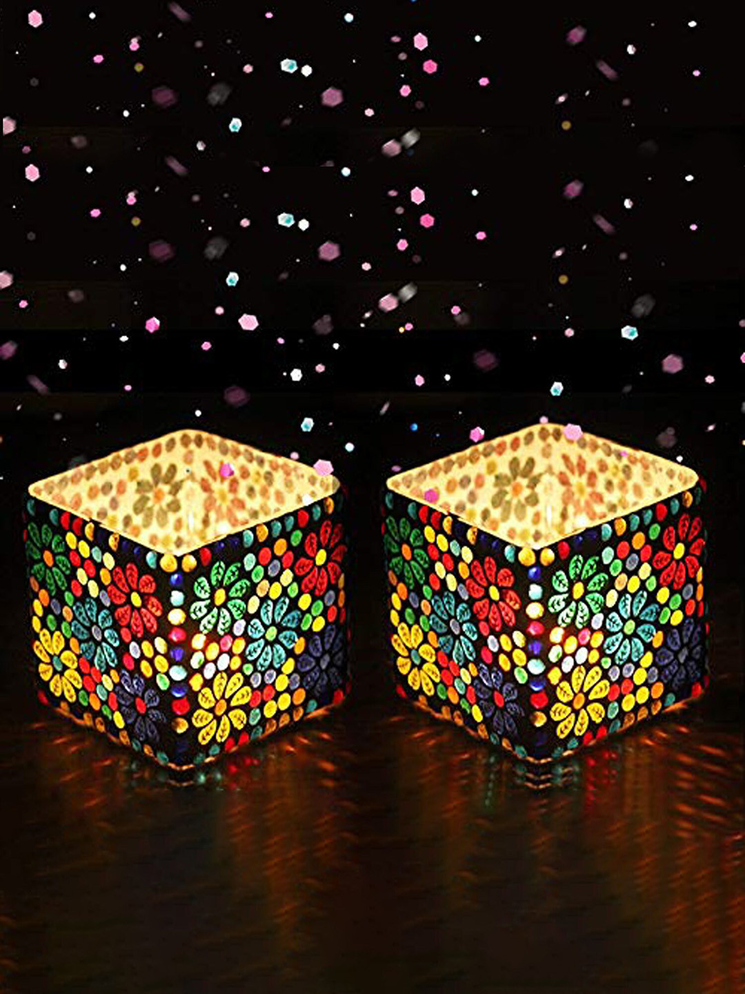 The Purple Tree White & Blue 2 Pieces Floral Glass Mosaic Tealight Candle Holders