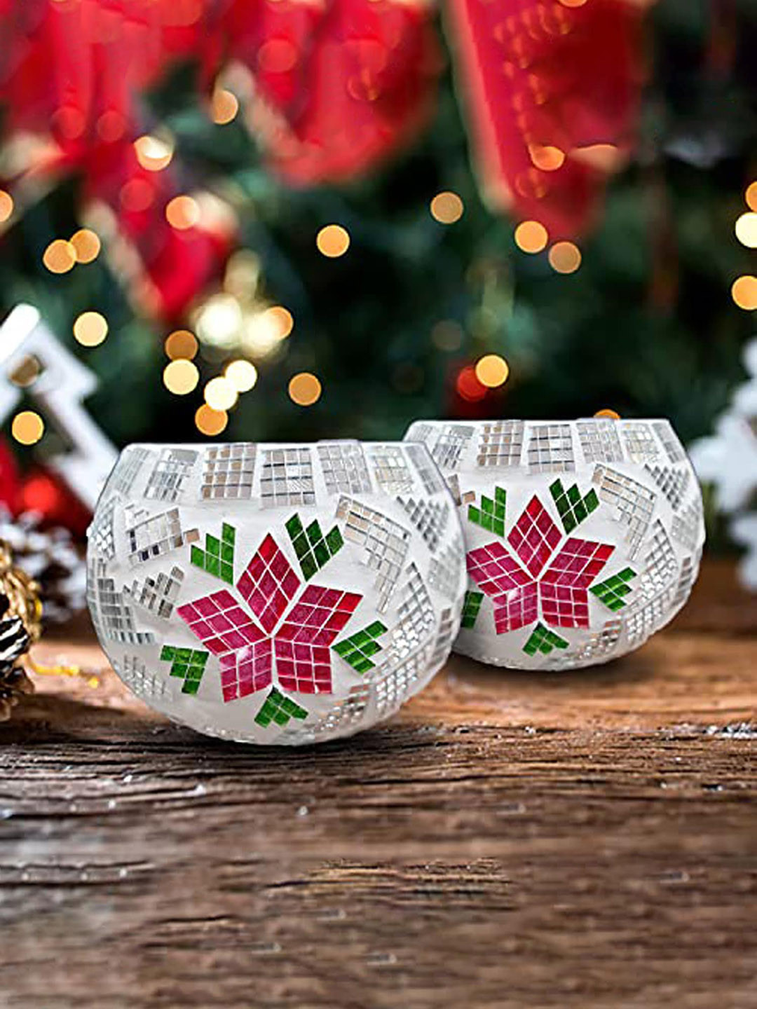 The Purple Tree White & Pink 2-Pieces Textured Glass Christmas Tealight Candle Holders