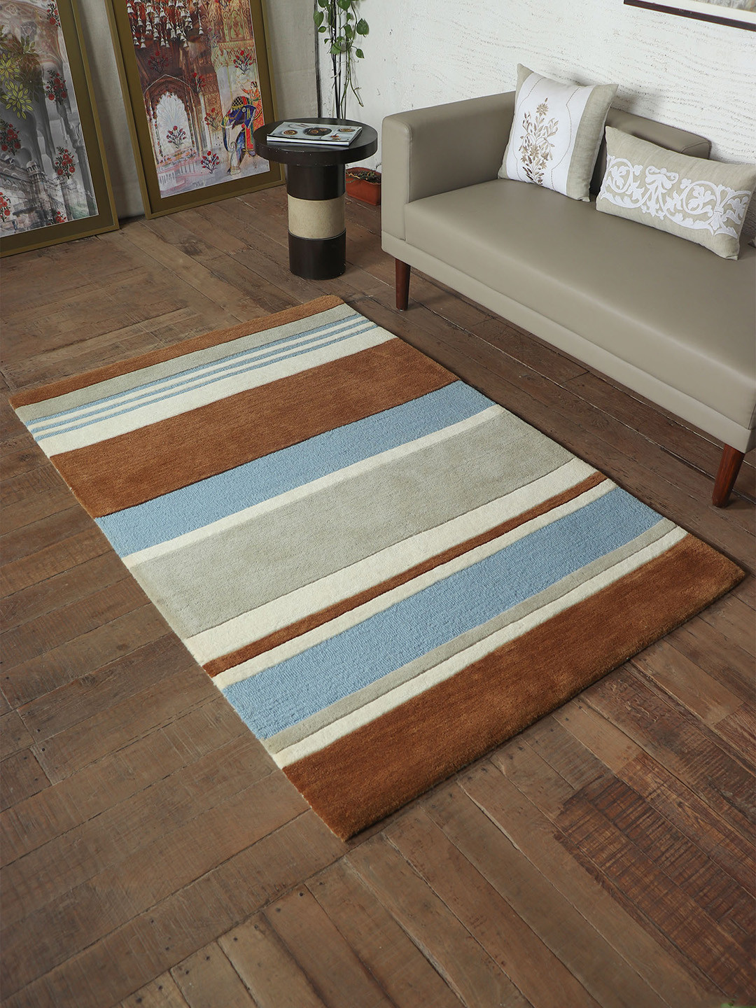 ZEBA Brown & Blue Woolen Rectangular Hand-Tufted Carpet