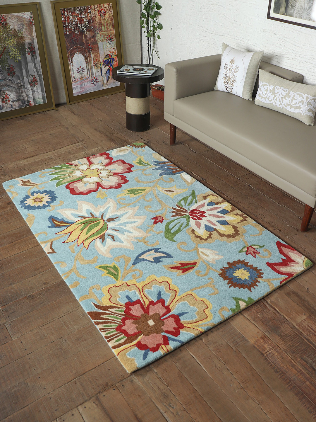 ZEBA World Blue & Red Floral Woven Design Hand Tufted Woolen Rectangular Carpet