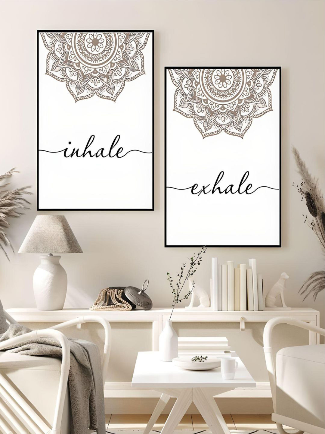 THE HANDMADE FLAIR Off White 2 Pieces Floral Mandala Inhale Exhale Quotation Wall Arts