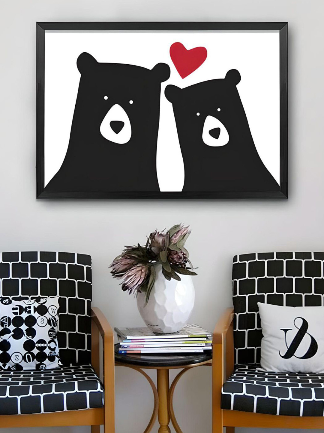 THE HANDMADE FLAIR Black & Red Family Of Bears Cute Animal Framed Wall Art