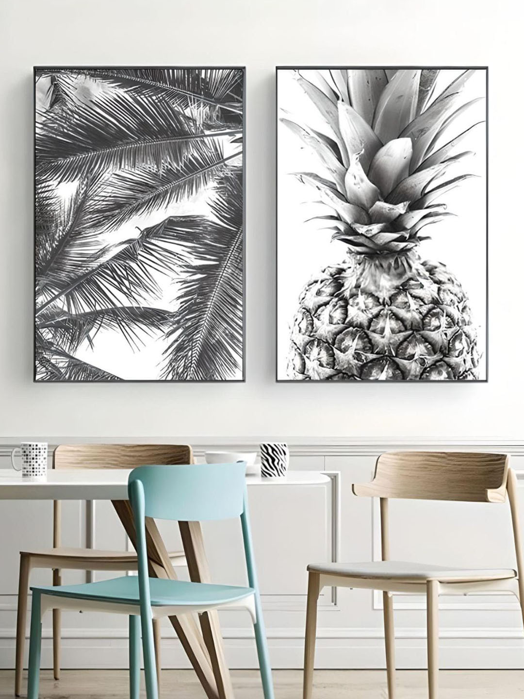 THE HANDMADE FLAIR Grey 2-Pieces Palm Leaves Pineapple Printed Framed Canvas Wall Art