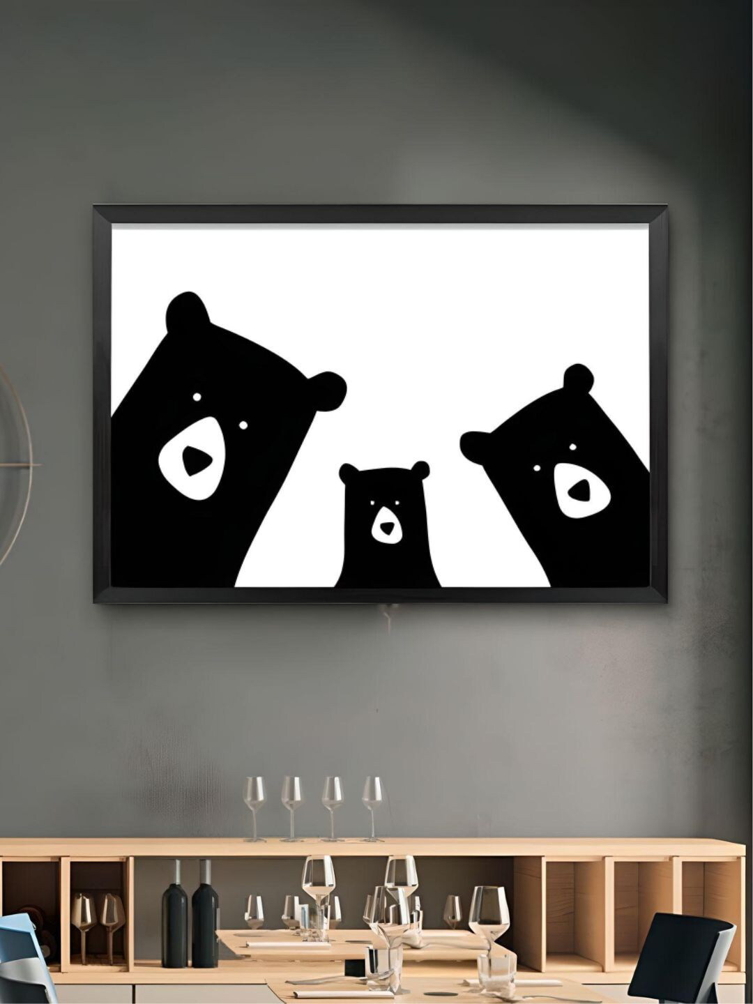THE HANDMADE FLAIR Black Family of Bears UV Coating Painting Wall Art