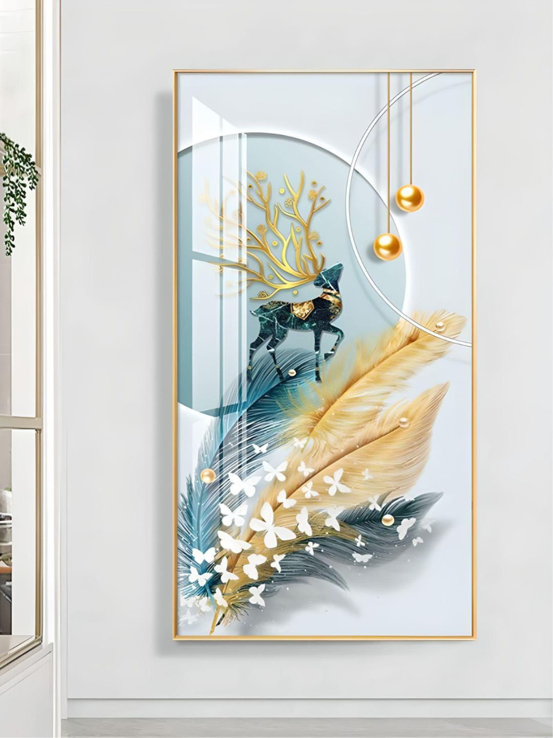 THE HANDMADE FLAIR Gold Toned & Blue Mystical Deer Landscape UV Coating Wall Art