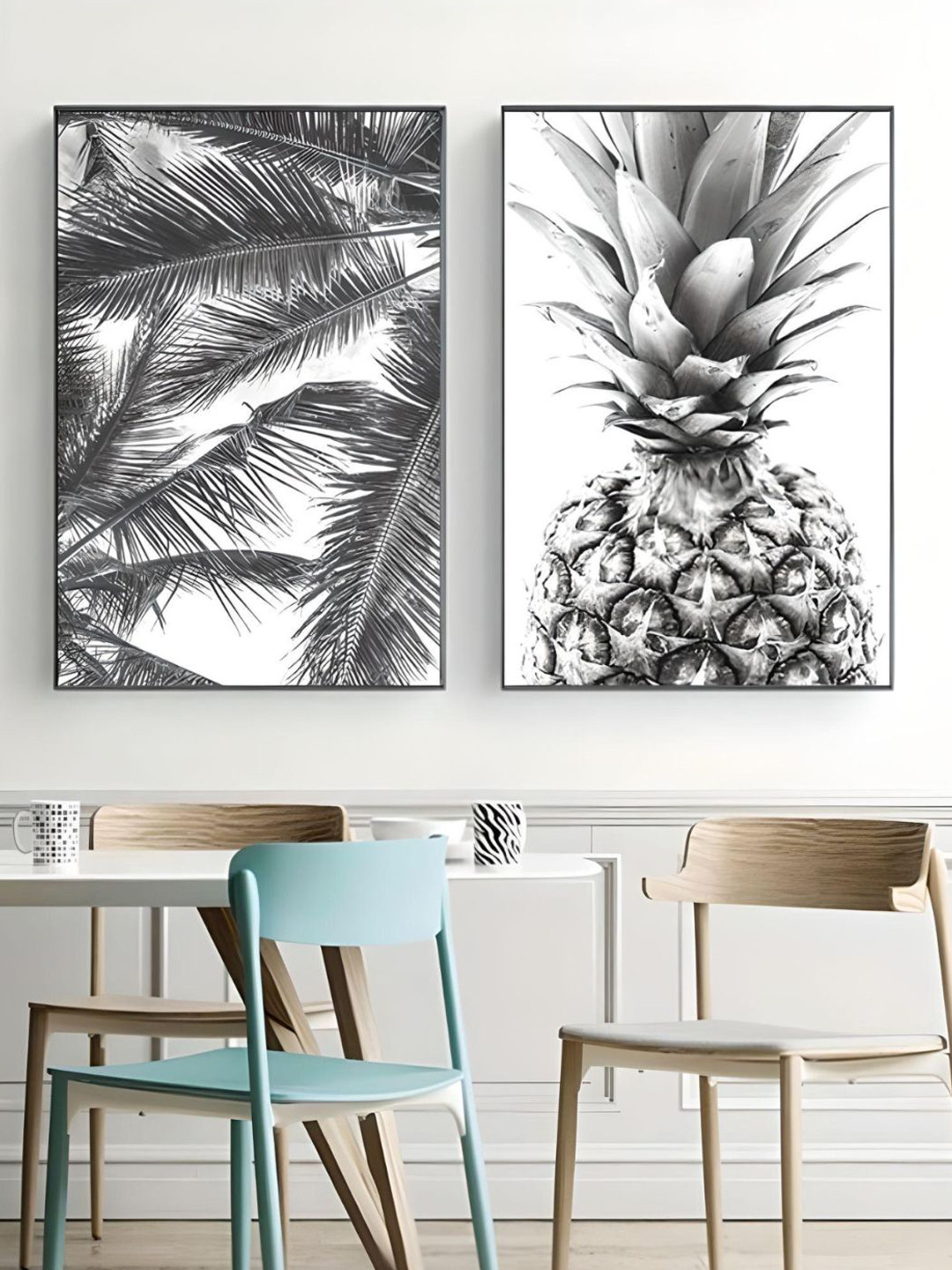 THE HANDMADE FLAIR White & Grey 2 Pieces Palm Leaves Pineapple Wall Arts