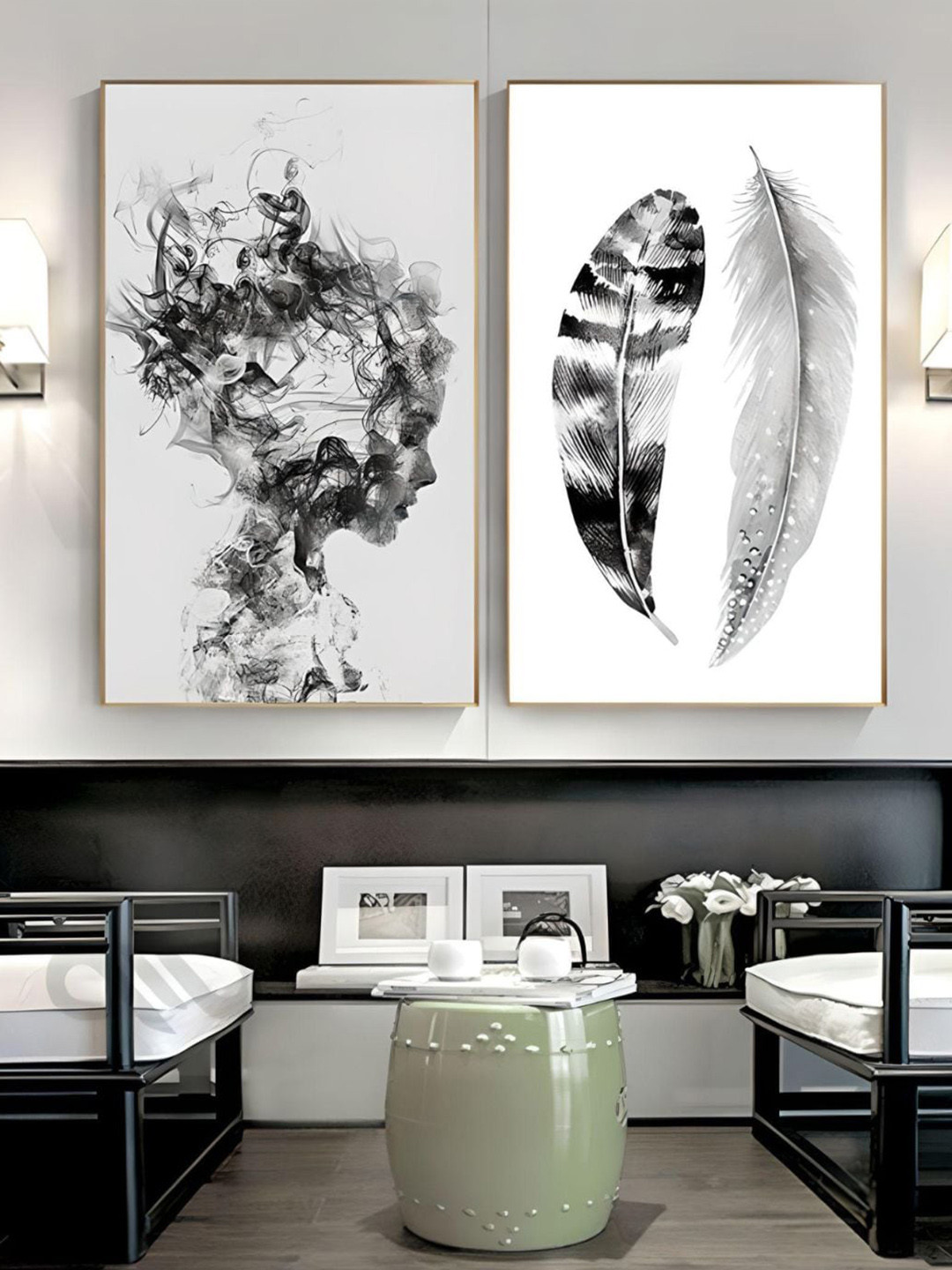 THE HANDMADE FLAIR Off-White & Black 2-Pieces Abstract Printed Framed Canvas Wall Art