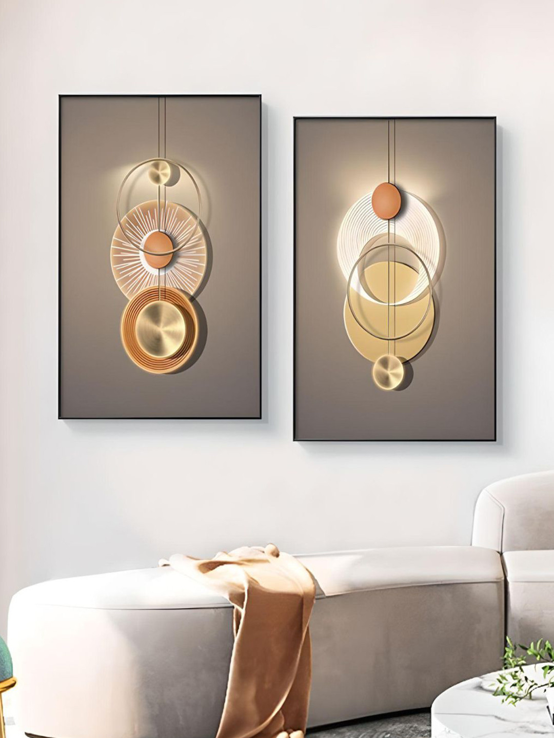 THE HANDMADE FLAIR Grey & Beige 2 Pieces Neutral Chic Aesthetics Sun Moon Wall Arts