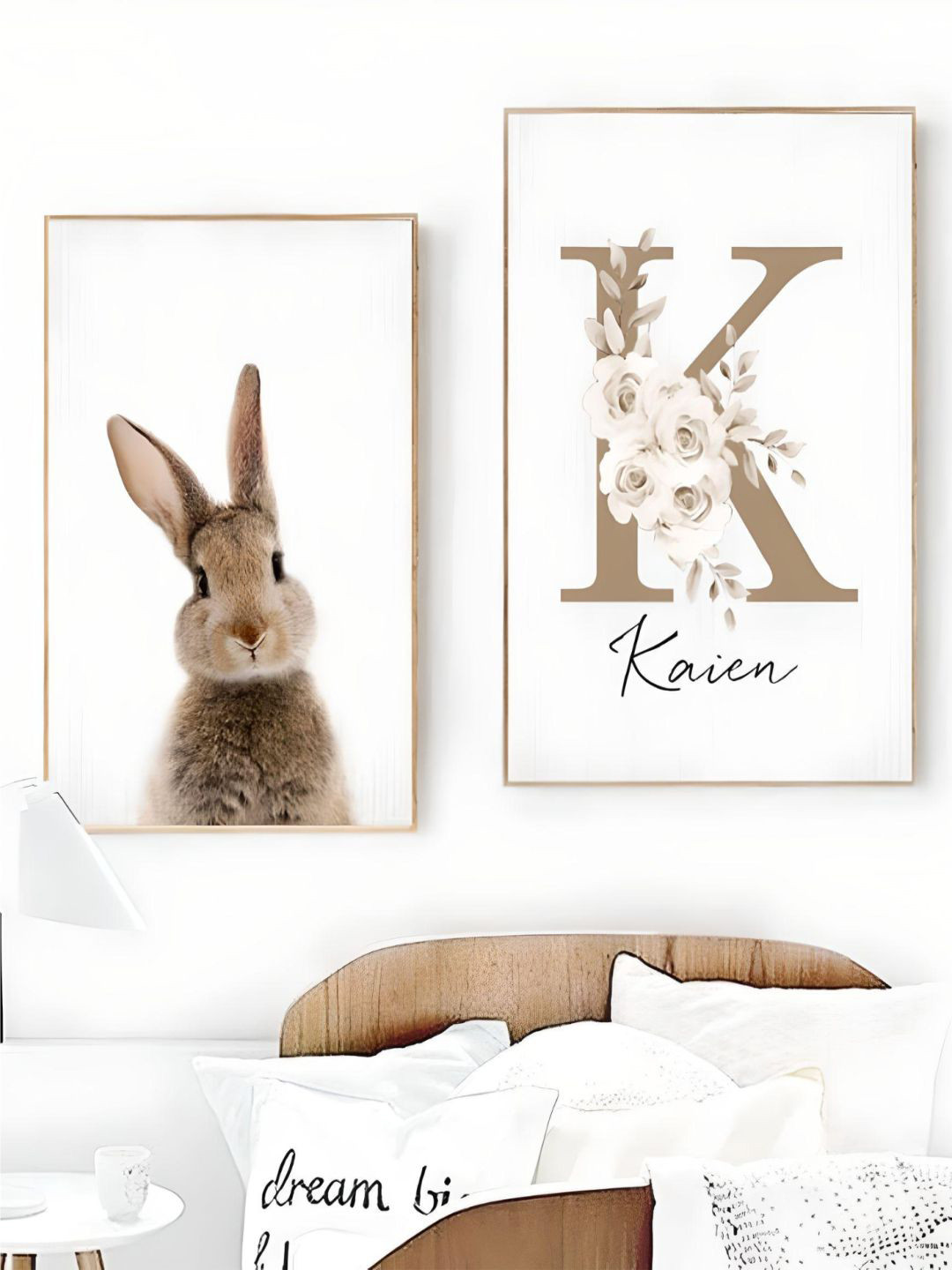 THE HANDMADE FLAIR White 2 Pieces Personalized Baby's Name Cute Bunny Poster Wall Arts