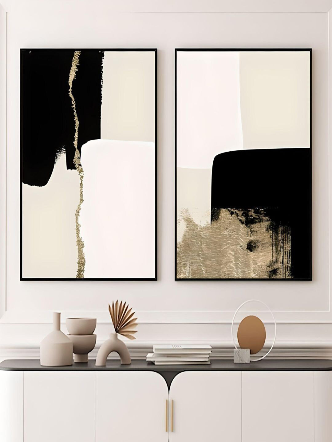 THE HANDMADE FLAIR Black & Beige 2 Pieces Block Printed Wall Arts