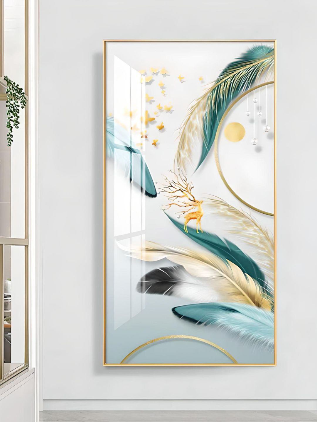 THE HANDMADE FLAIR Green & White Mystical Deer Landscape Canvas Wall Art