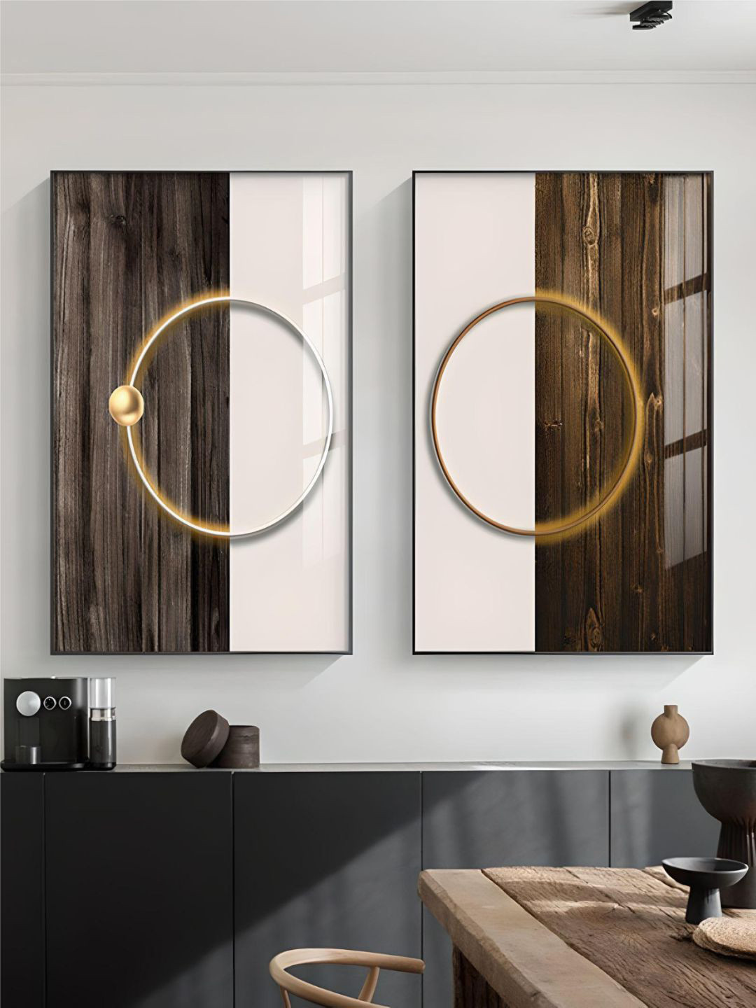THE HANDMADE FLAIR Brown & Gold Toned 2 Pieces Ring Of Light Abstract Wall Art