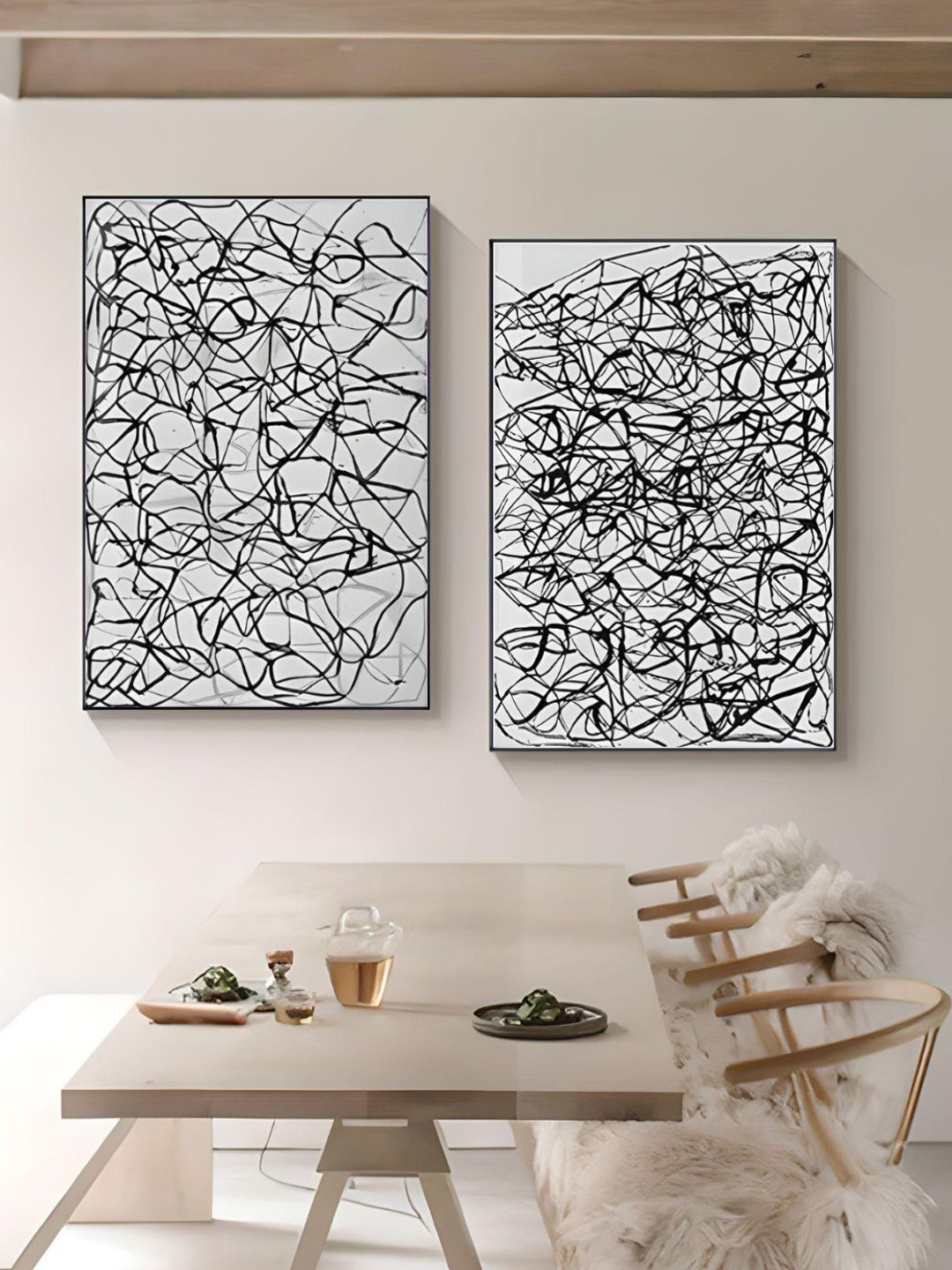 THE HANDMADE FLAIR Black & White 2 Pieces Tangled Lines Abstract Wall Art