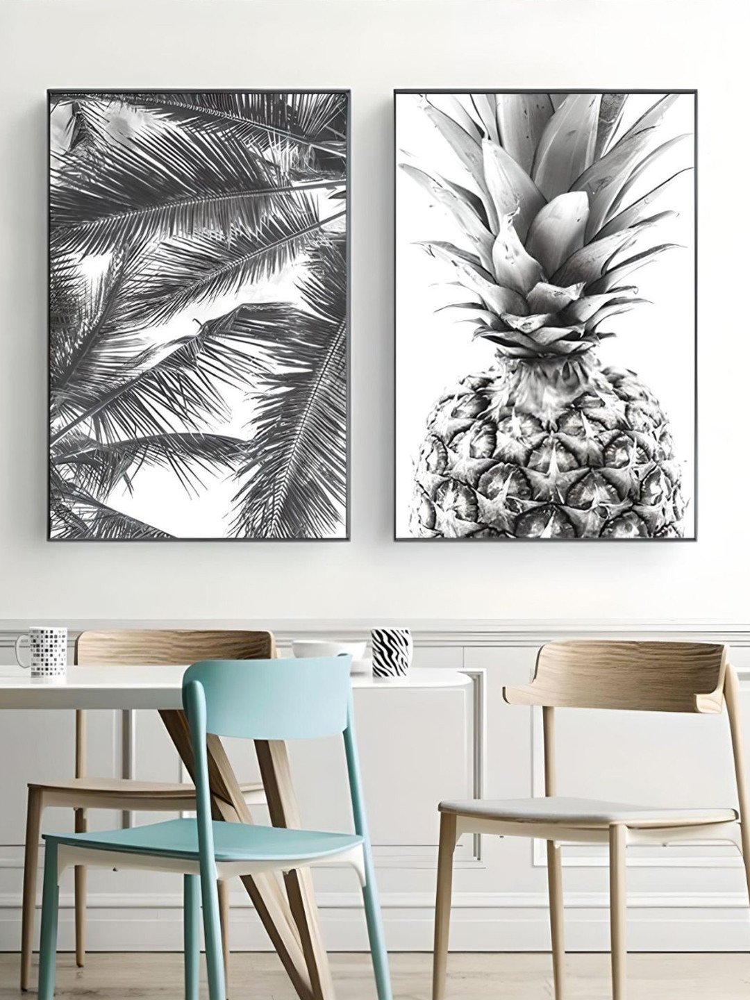 THE HANDMADE FLAIR Grey & White 2 Pieces Palm Leaves Pineapple Canvas Wall Arts
