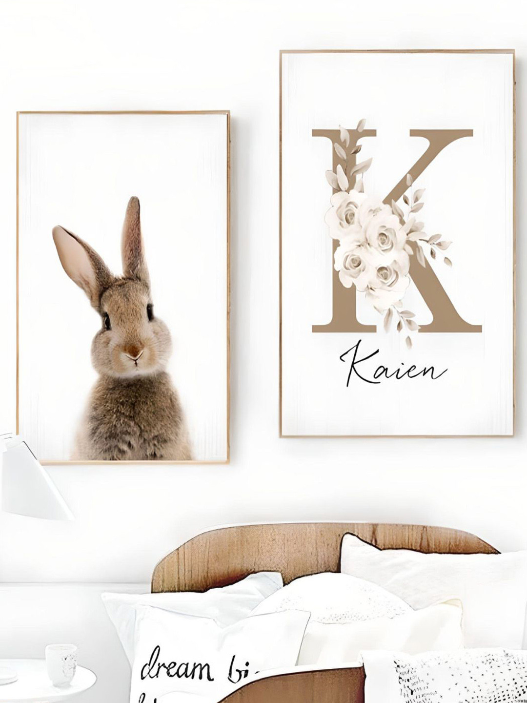 THE HANDMADE FLAIR White 2 Pieces Personalized Baby's Name Cute Bunny Poster Wall Arts