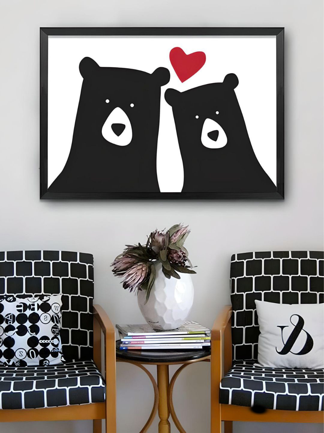 THE HANDMADE FLAIR Black & White Family of Bears Printed Framed Canvas Wall Art