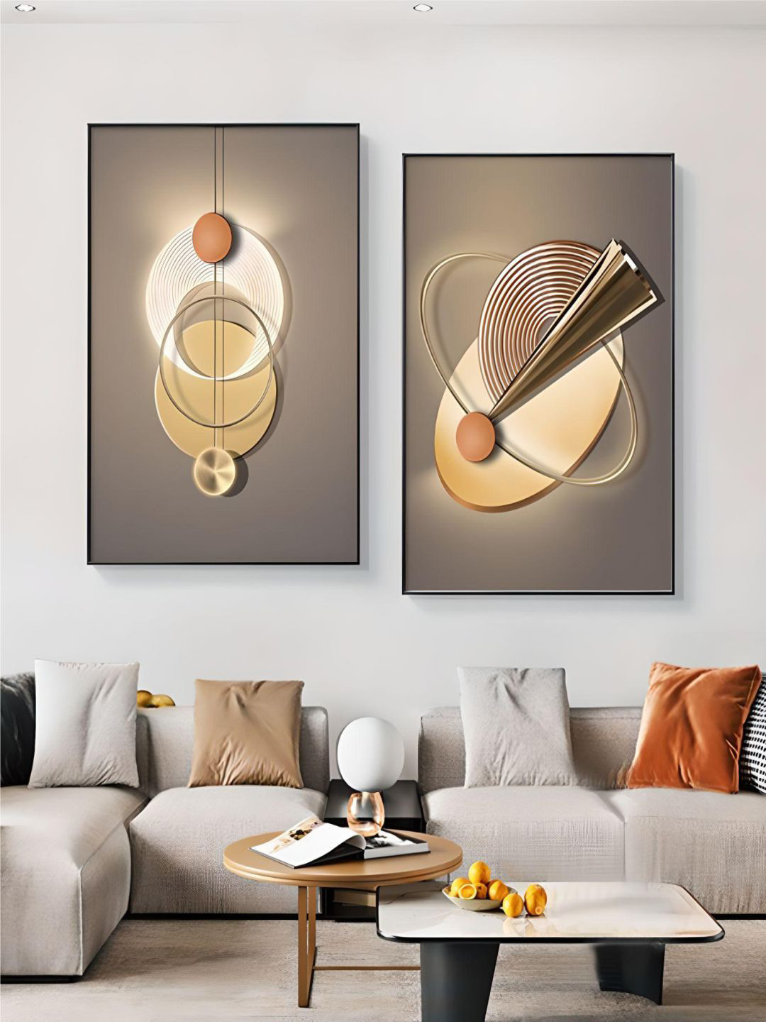 THE HANDMADE FLAIR Grey & Gold Toned 2 Pieces Neutral Chic Aesthetics Sun Moon Wall Art