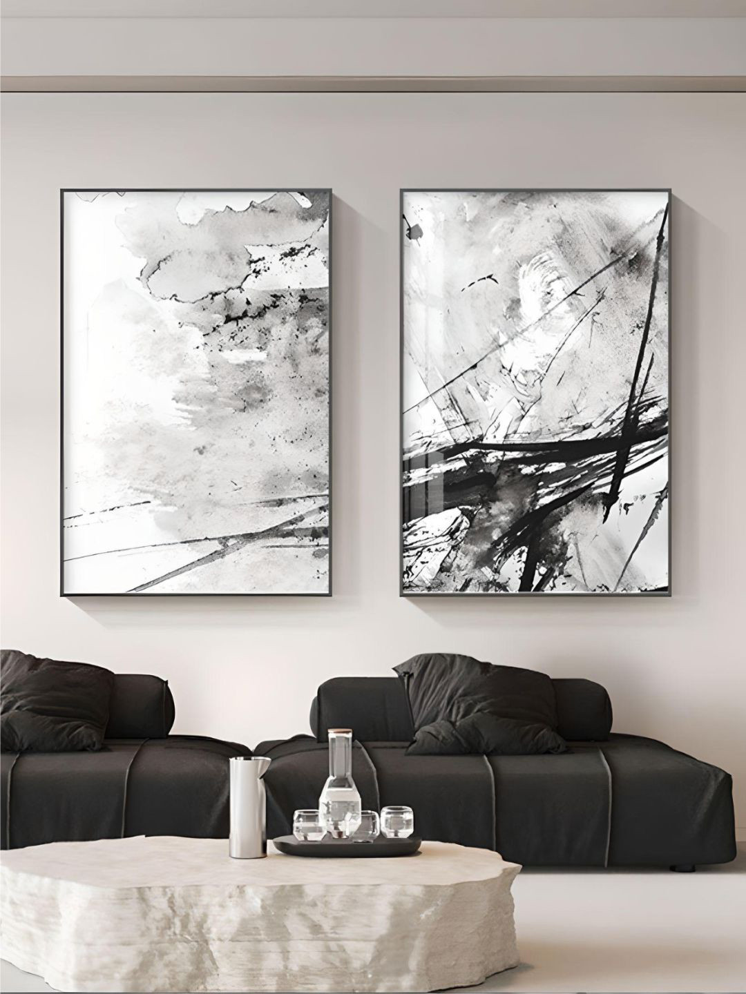 THE HANDMADE FLAIR Black & White 2 Pieces Ink Splash Canvas Wall Art