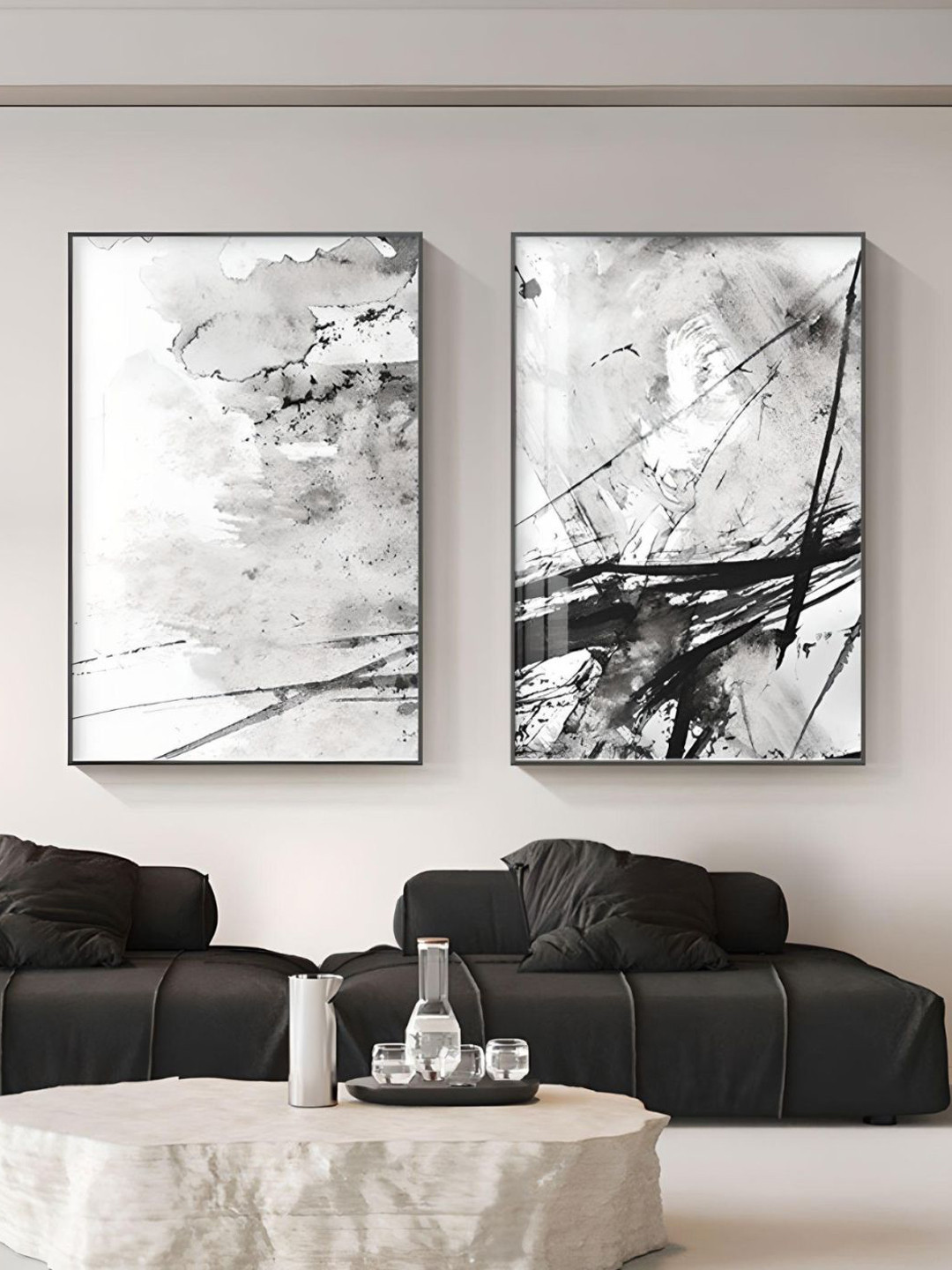 THE HANDMADE FLAIR Off White 2 Pieces Abstract Ink Splash Painting Wall Arts