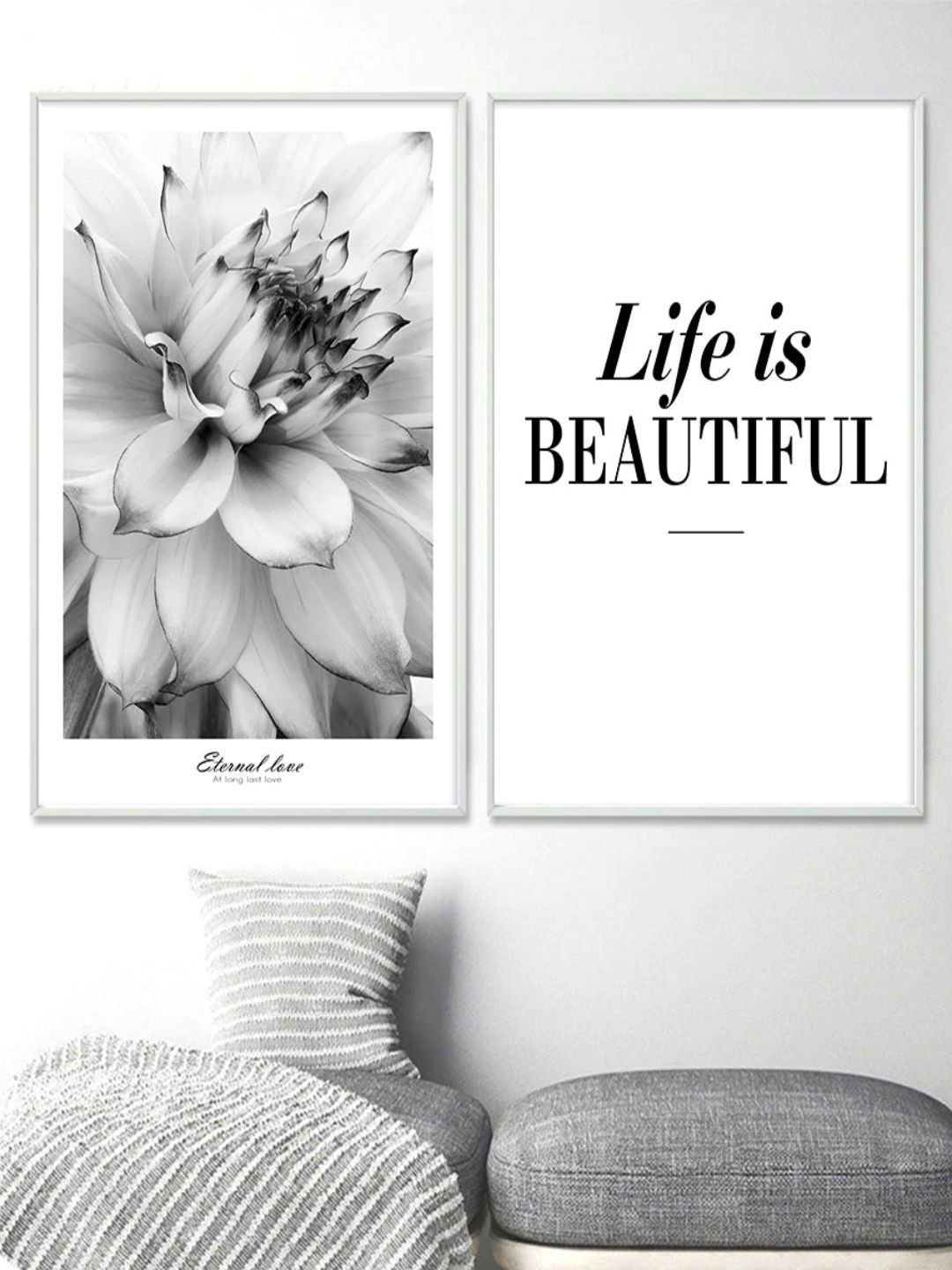 THE HANDMADE FLAIR Black & White 2 Pieces Life Is Beautiful Floral Painting Wall Arts