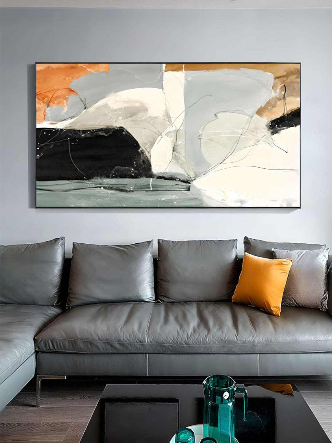 THE HANDMADE FLAIR Off White & Black Abstract Elements Vertical Format Wall Painting