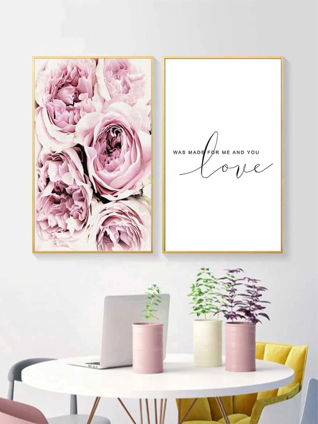 THE HANDMADE FLAIR Pink & White 2 Pieces Rose Poster Love Wall Art