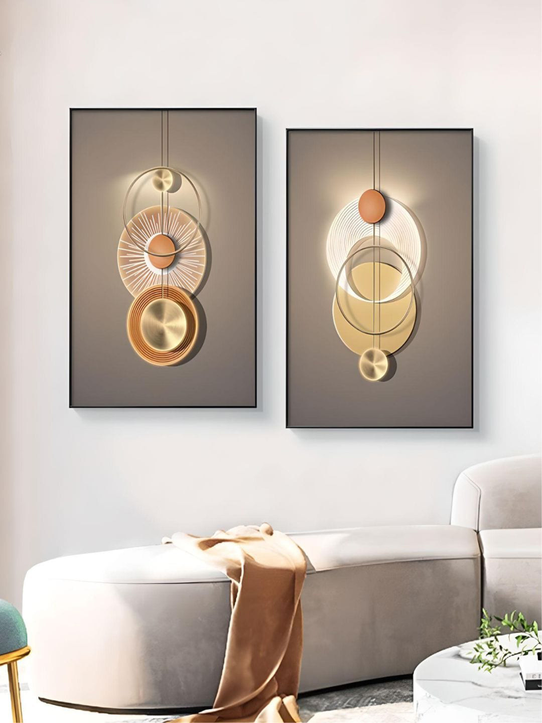 THE HANDMADE FLAIR Grey & Gold Toned 2 Pieces Neutral Chic Aesthetics Sun Moon Wall Art