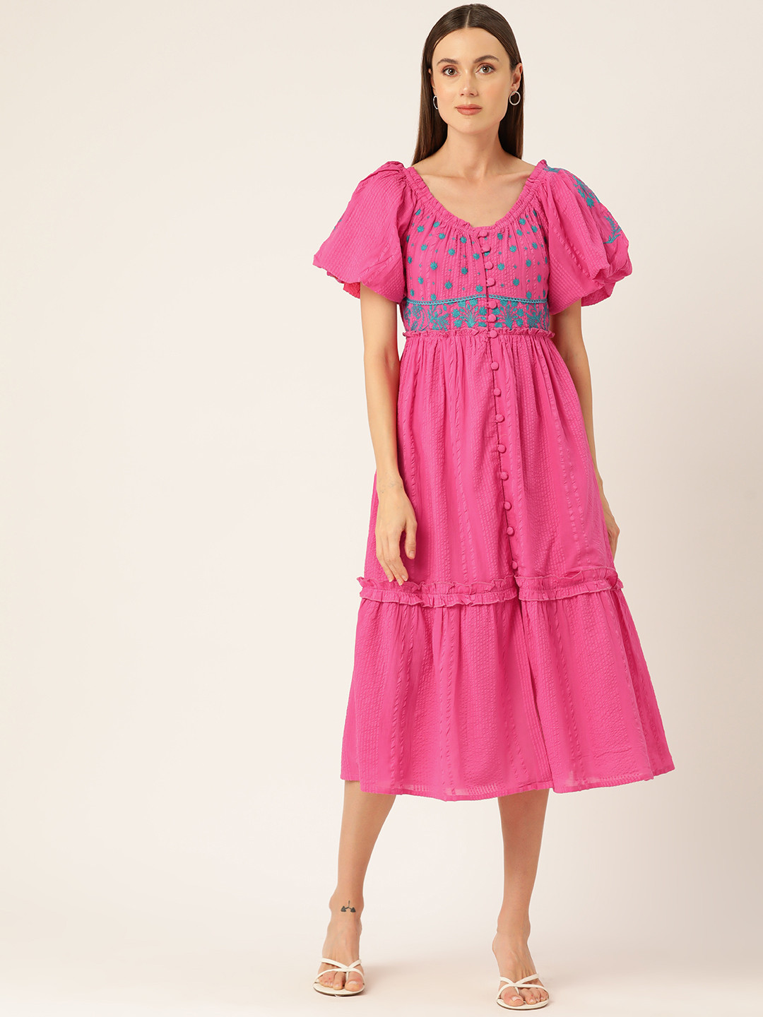 MISRI Floral Embroidered Puff Sleeve A-Line Midi Dress