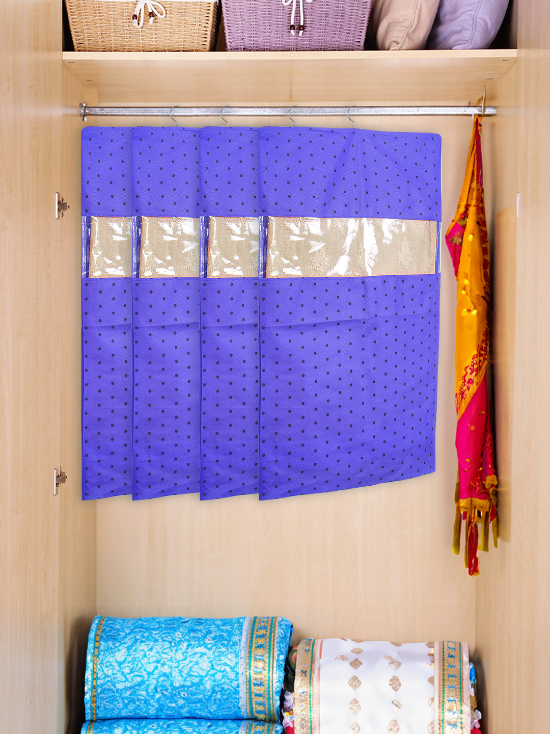 prettykrafts Blue & Black 12 Pieces Dot Printed Hanging Saree Cover Organisers