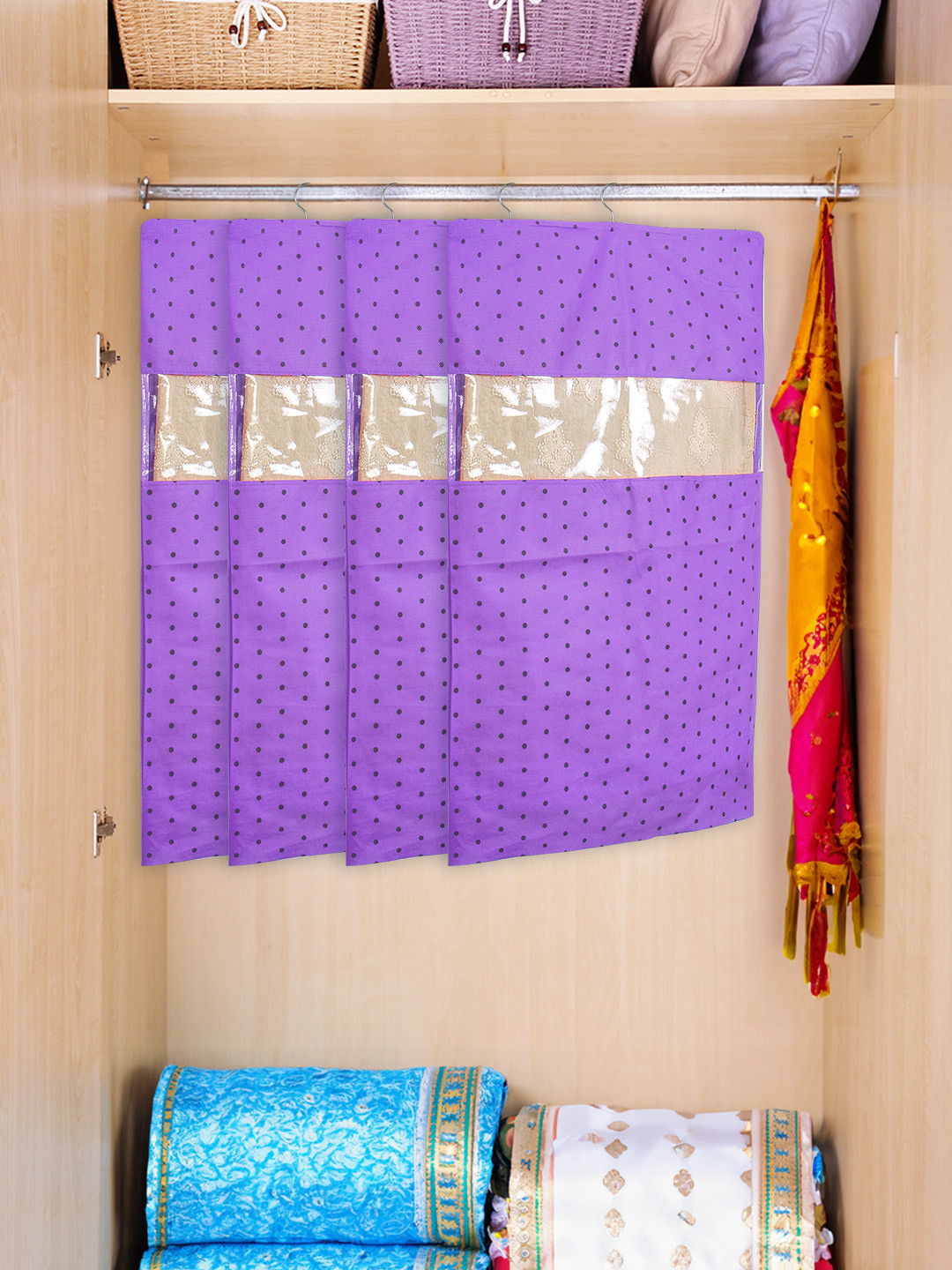 prettykrafts Purple 24 Pieces Polka Dot Printed Fabric Saree Organizers